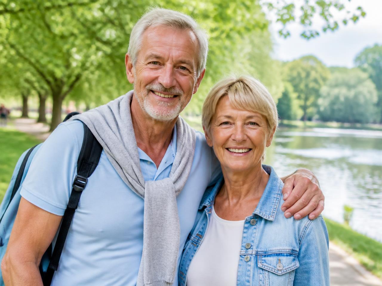 Un couple de seniors souriants se promenant dans un parc